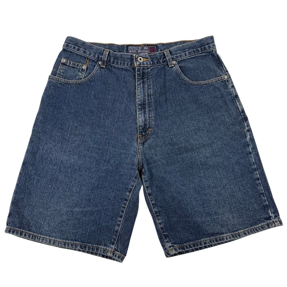 Vintage Dark Blue Denim Jean Shorts 90s Baggy Wide Leg Metal Rivets Size 36 x 9